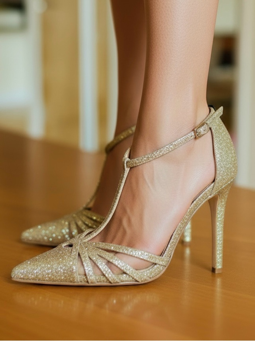 SJP by Sarah Jessica Parker Gold Glitter T-Strap Pointed Pumps